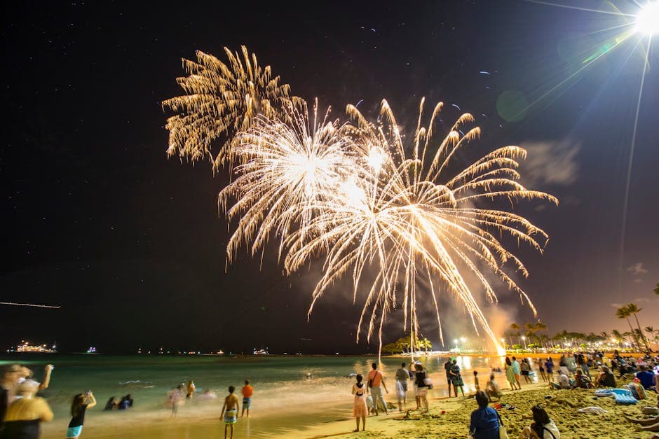 Colourful fireworks lighting up the night sky over a crowded beach creating a festive atmosphere