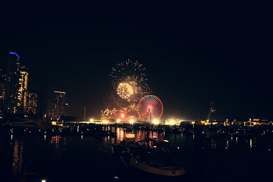 Spectacular fireworks illuminating a city waterfront at night with a glowing ferris wheel in the background