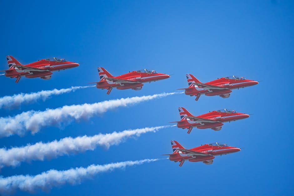Red Arrows aerobatic display team performing precision formation flying at an air show