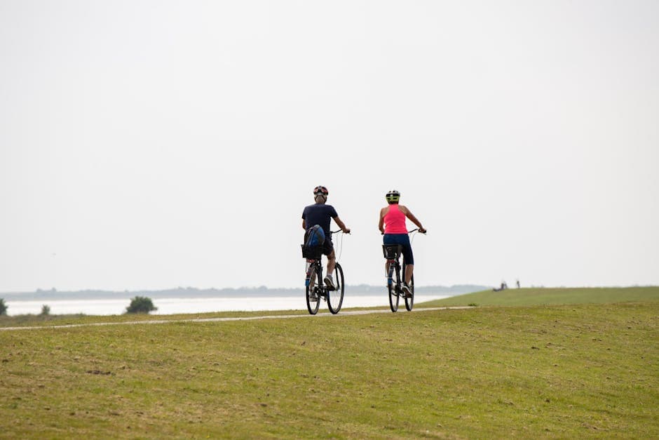 Two cyclists enjoying a scenic ride along the coast on a clear summer day