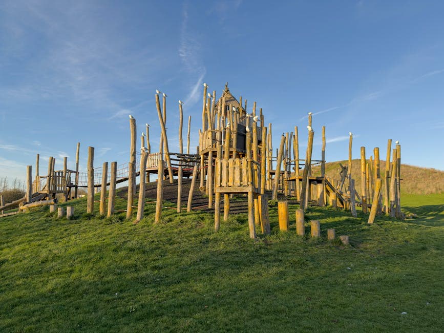 Wooden playground with unique architecture in a grassy park under a bright blue sky