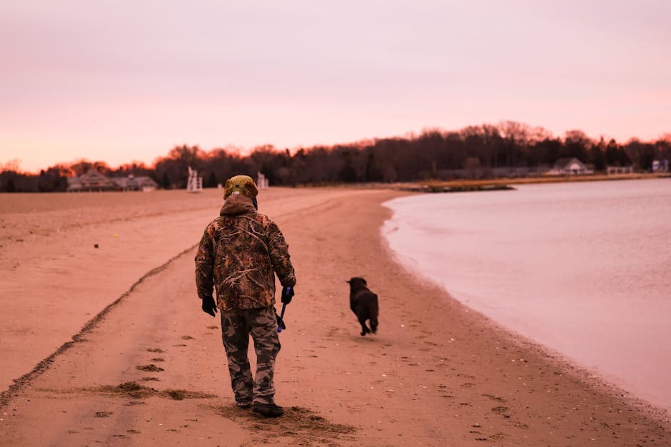 A person walking with a dog along a serene beach at sunrise on a clear January morning