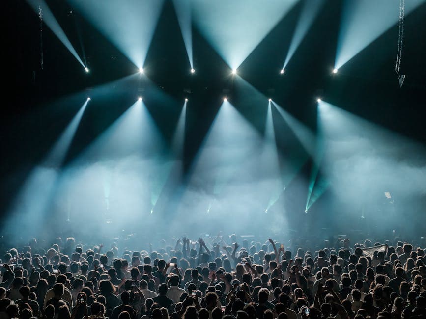 Large concert crowd enjoying a live show with vibrant stage lighting and an energetic atmosphere